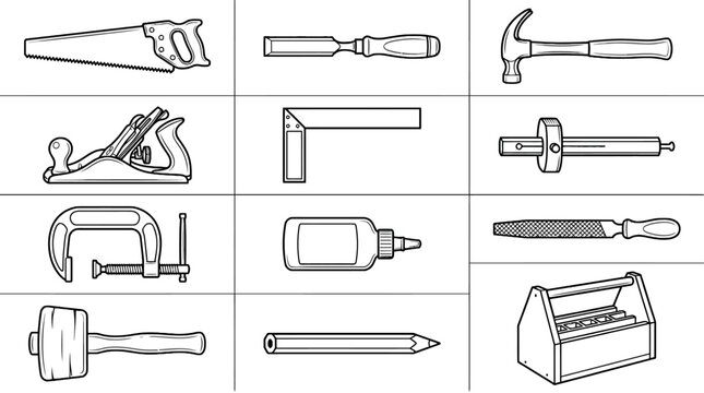 Collection of hand-drawn detailed woodworking tools including saw hammer chisel screwdriver clamp drill and more for carpentry construction projects