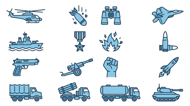 Defense forces vehicle and combat survival blue icon set.