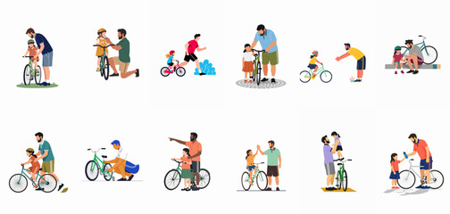 Fototapeta premium Diverse collection of fathers teaching and enjoying bicycle riding with their daughters in various outdoor settings, featuring teaching, safety, and maintenance.