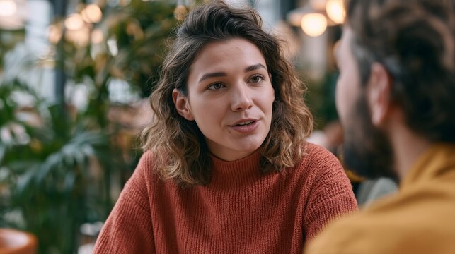 Young woman in an orange sweater talking to someone across a table