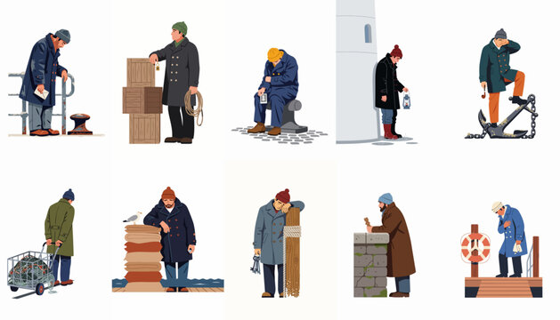 A collection of vector illustrations depicting lonely sailors and harbor workers in various melancholic poses, reflecting themes of waiting and sadness.