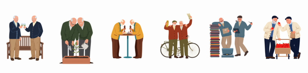 Obraz premium Set of illustrations showing elderly male friends enjoying various retirement activities together, including gardening, playing chess, biking, and sharing wine and apples.