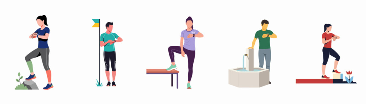 Set of athletes and fitness enthusiasts checking their smartwatches during outdoor exercise, tracking performance and health data in flat vector style.