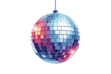Fototapeta premium Disco ball hanging, reflecting colorful lights. Symbolizing celebration, party, and nightlife. A vibrant retro design. Transparent background