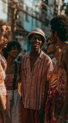 Obraz premium Young diverse friends laughing and talking together outdoors in a vibrant urban setting