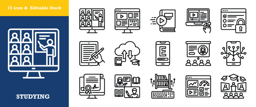 Digital learning and virtual classroom platform icons for distance education and tutoring.