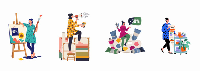 Fototapeta premium Set of flat vector illustrations featuring female artists promoting art workshops, painting supplies sales, and discounts on creative courses and pottery lessons.