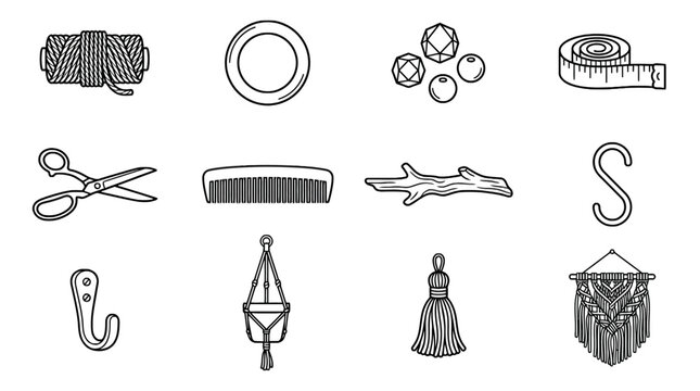 Line art collection of crafting tools and supplies, including scissors, measuring tape, yarn, and decorations for creative projects and DIY activities.
