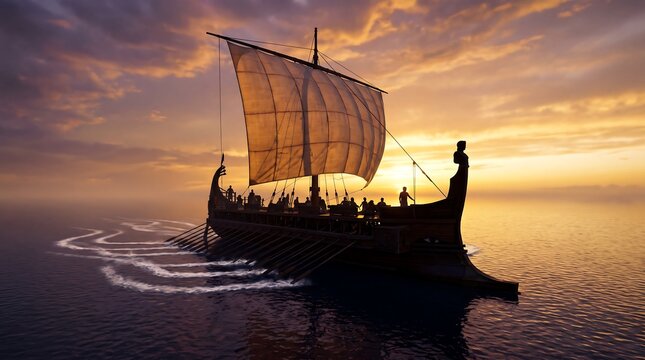 Ancient Greek trireme sailing on the sea at sunset with golden light