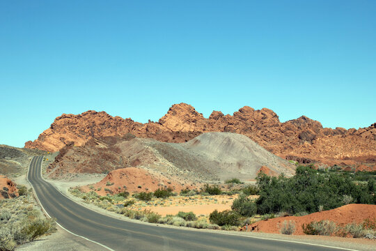 View of Nevada Highway 169 as it passes through colorful Valley of Fire State Park on its way from I-15 to Lake Mead