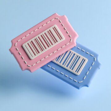 Two soft clay coupon tickets are overlapping in pink and blue with barcodes and dashed lines. They float above a pale blue background.