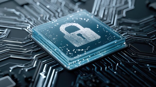 Digital Security Concept - Padlock Icon on Microchip Circuit Board.