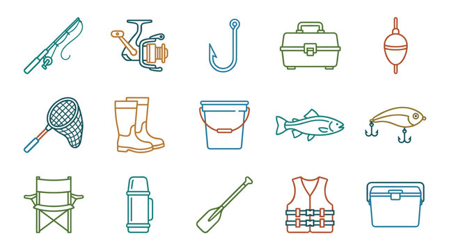 Fishing equipment icons set with various items for outdoor recreation, including rods, reels, hooks, tackle boxes, and other essential gear for angling adventures.