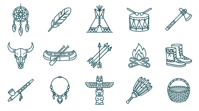 Native American cultural symbols icons collection features traditional elements like a dreamcatcher, teepee, drum, canoe, and totem pole in a clean line art style.