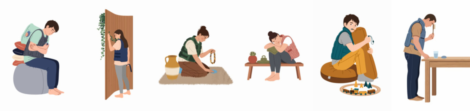 Flat vector illustration of various people wearing weighted vests for sensory processing disorder, deep pressure therapy, and anxiety management in daily activities.