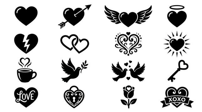 Collection of romantic heart silhouettes and Valentine's Day symbols.