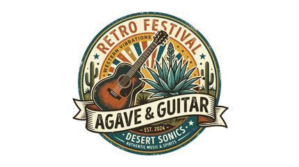 Vintage Western Music Festival Badge with Guitar and Agave Illustration © Azrha