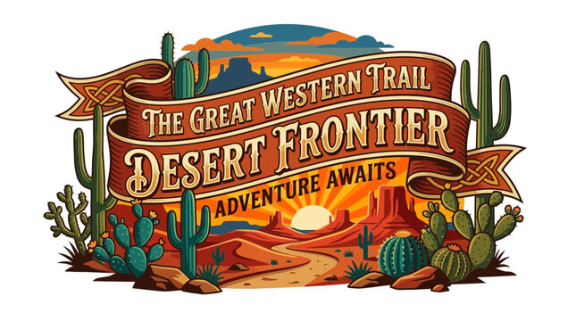 Vintage Desert Frontier Illustration with Banner and Cacti Landscape