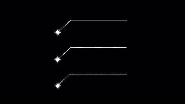 Hud callout animation with white square box icons connected by slanted lines. Suitable for tech presentations, futuristic designs, data visualization. Alpha Channel