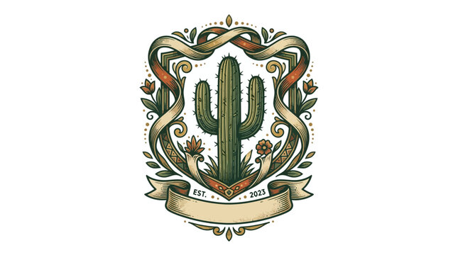 Vintage cactus emblem illustration with ornate scrolls and floral frame