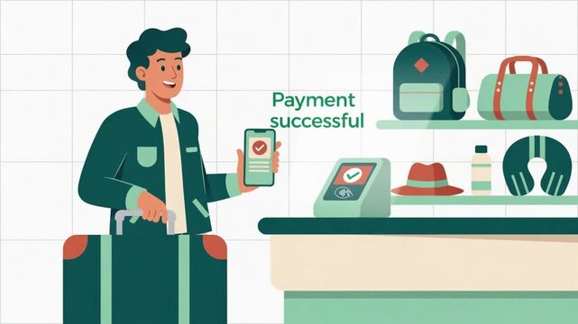 Man using smartphone for contactless payment at travel shop vector