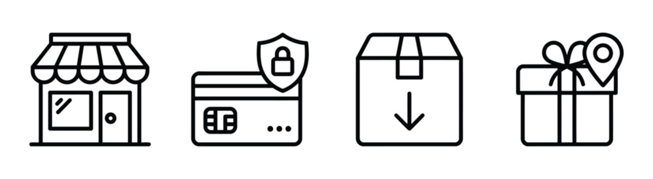 Store, credit card with shield, package and gift box with map pin icons.