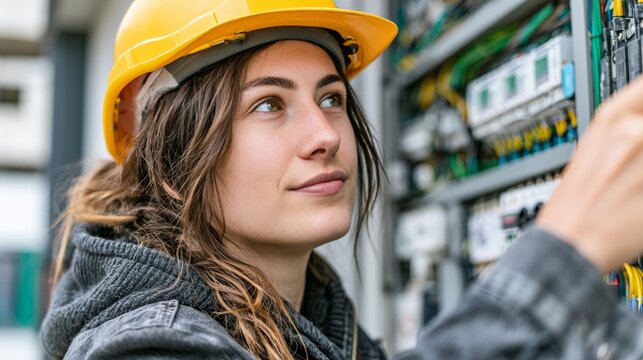 Young female electrician wearing a yellow hard hat works on an electrical panel