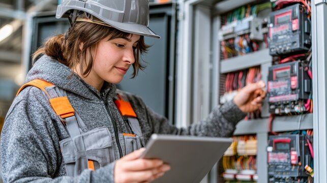 Female electrician with tablet checks wiring in electrical panel