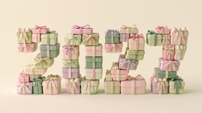 Three dimensional numbers made from pastel gift boxes show the year 2027, placed on a cream background with room for text above.