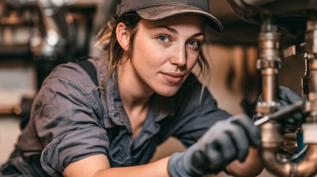 Woman plumber working on pipes with wrench, wearing cap and overalls
