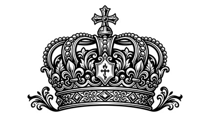 Ornate Royal Crown Illustration with Cross and Fleur-de-lis, Black and White Vintage Design © sola
