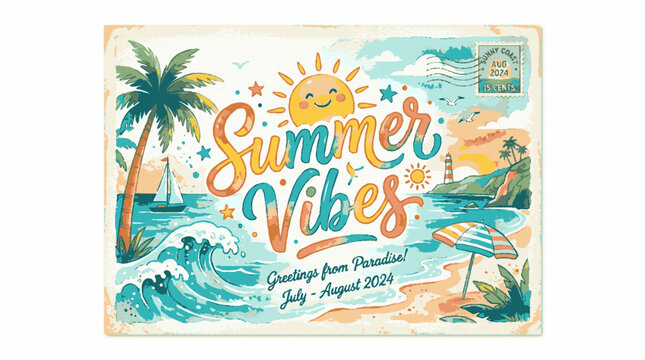 Vintage style summer vibes tropical beach postcard illustration with coastal views
