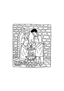 Medieval blacksmiths working at a forge together.