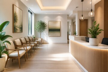 Fototapeta premium Modern reception waiting area with chairs and plants