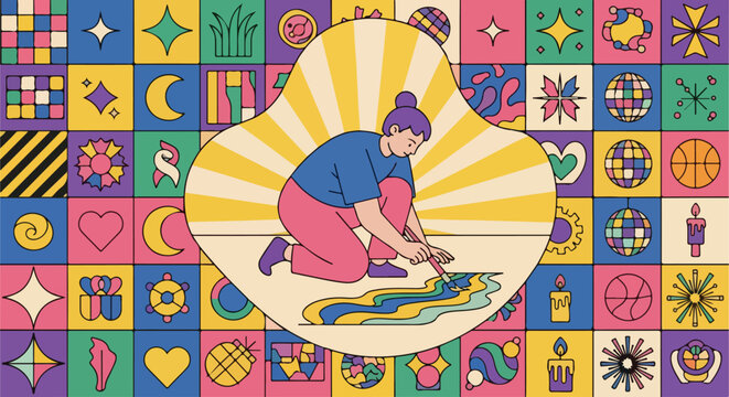 Vibrant maximalist flat vector illustration of a mamake