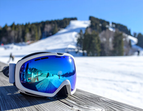 Ski goggles resting on a wooden railing at a ski resort, blue reflective lens mirroring snowy mountain slopes, sunny winter day, outdoor alpine winter sports gear.