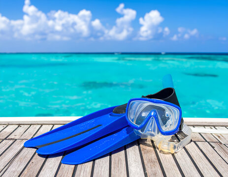 Snorkeling fins and a dive mask with snorkel resting on a wooden boat deck, overlooking a bright turquoise tropical ocean and blue sky. Travel and water sports.