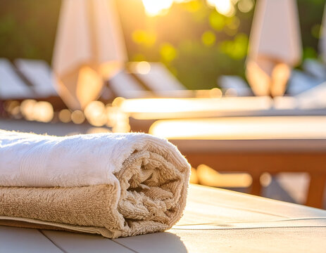 Rolled white and tan towels resting on a poolside lounger, resort setting with blurred lounge chairs and parasols, warm golden hour sun flare lighting.