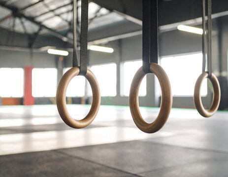 Wooden gymnastic rings suspended by black straps in a gym interior. Training equipment hanging from the ceiling in a spacious fitness center with natural light.
