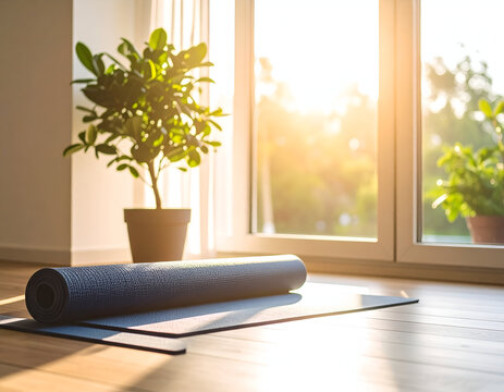 Rolled yoga mat on a wooden floor near a sunny window with a potted houseplant. Equipment for fitness, wellness, exercise, and meditation practice.