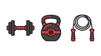 Obraz premium Gym Equipment Icon Trio Dumbbell Kettlebell Rope — Charcoal Red Fitness Flat Vector