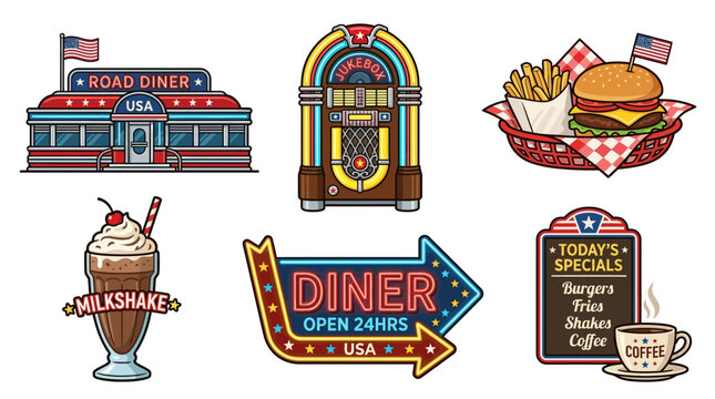 A vibrant diner scene with burgers, milkshakes, and jukeboxes displayed.