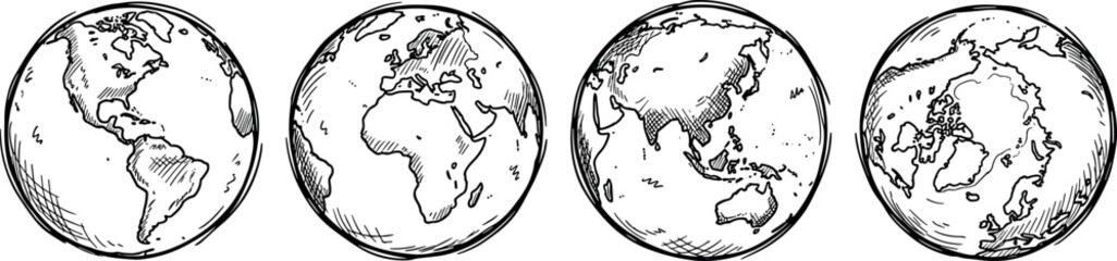 Hand Drawn Globe Vector Set Featuring Earth From Different Angles Showing America, Europe, Africa, Asia, Australia, and Arctic Continents Sketch Style © MstJasmin