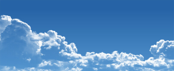 Fototapeta premium Halftone Cloud on Blue Gradient Sky. Vector Halftone Retro Pop Art Pattern. Abstract White Half Tone Effect Clouds. Summer Sky Manga Book Anime Background.