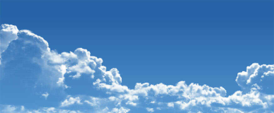 Halftone Cloud on Blue Gradient Sky. Vector Halftone Retro Pop Art Pattern. Abstract White Half Tone Effect Clouds. Summer Sky Manga Book Anime Background.