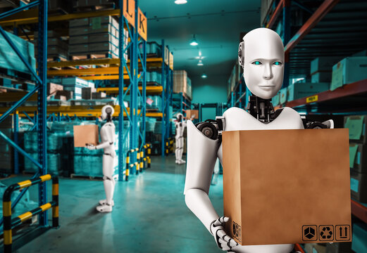 Innovative industry robot working in warehouse for human labor replacement . Concept of artificial intelligence for industrial revolution and automation manufacturing process .
