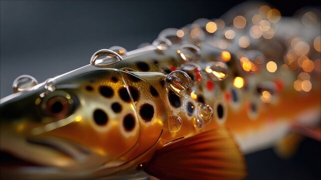 A Brown Trout Covered in Dewdrops: A close-up macro shot captures a shimmering brown trout, its scales speckled with vibrant orange and brown spots, adorned with glistening dewdrops.