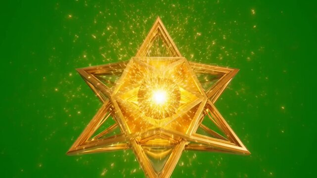 Golden Star of David with glowing light on green screen.