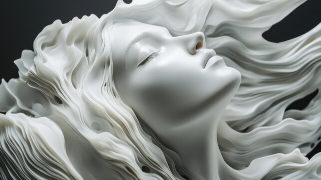 Serene marble woman, flowing hair, dark background, art
