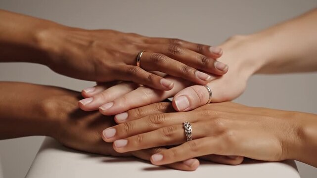 Diverse hands with wedding rings gently touching.